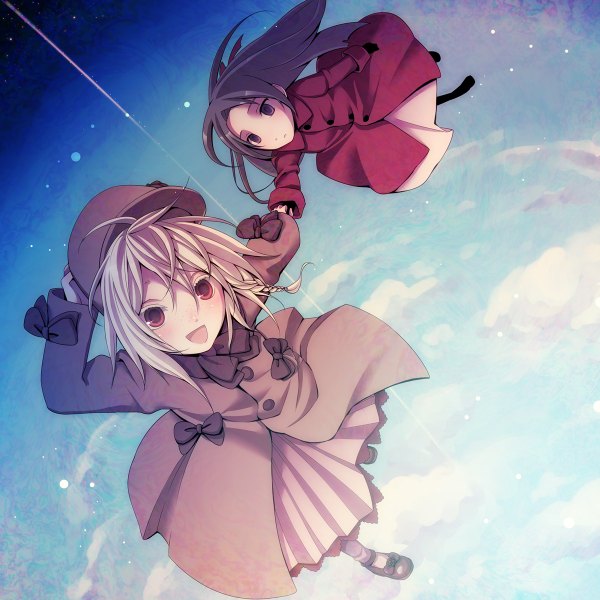 Anime picture 1200x1200 with original pd-x long hair open mouth black hair blonde hair red eyes purple eyes multiple girls sky cloud (clouds) braid (braids) holding hands flying girl bow 2 girls hat winter clothes