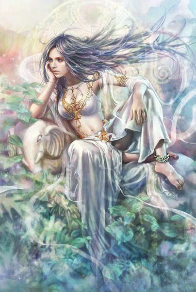 Anime picture 960x1426 with original eat0123 single long hair tall image breasts blue eyes sitting blue hair looking away cleavage purple hair full body multicolored hair barefoot wind realistic aqua hair midriff sleeveless