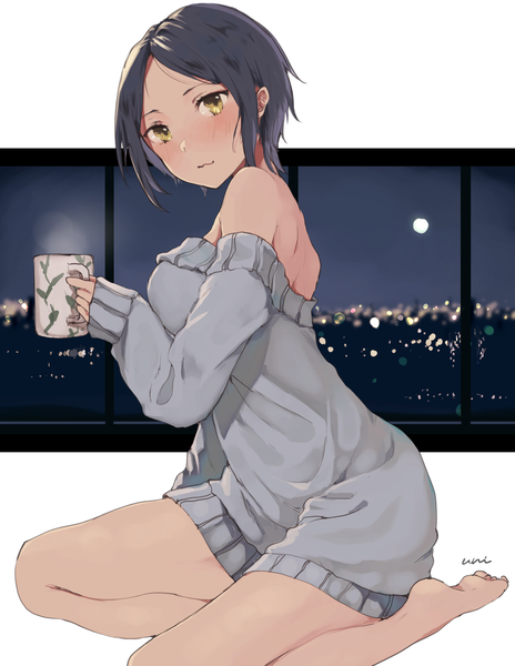 Anime picture 1515x1959 with idolmaster idolmaster cinderella girls hayami kanade uni (melm) single tall image looking at viewer blush short hair breasts black hair smile sitting bare shoulders holding signed yellow eyes sky bent knee (knees) indoors