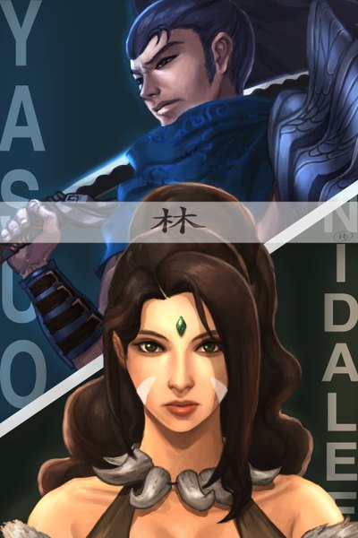 Anime picture 2000x3000 with league of legends nidalee (league of legends) yasuo (league of legends) supullim long hair tall image looking at viewer highres short hair black hair purple eyes green eyes blue hair lips lipstick red lipstick girl boy weapon sword