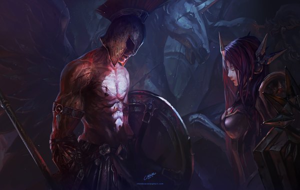 Anime picture 1600x1012 with league of legends leona (league of legends) pantheon (league of legends) chenbo long hair signed purple hair eyes closed realistic scar topless muscle girl boy weapon wings armor blood helmet spear