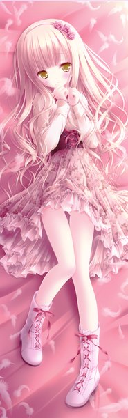 Anime picture 1274x4127 with original tinker bell single long hair tall image blush blonde hair yellow eyes hair flower loli dakimakura (medium) girl dress hair ornament boots hairband feather (feathers)