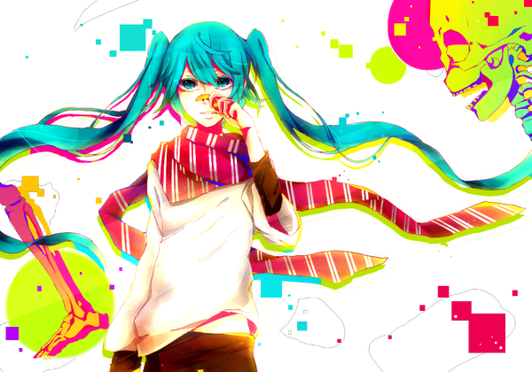 Anime picture 1000x700 with vocaloid common world domination (vocaloid) hatsune miku eri mochi single long hair fringe hair between eyes standing twintails aqua eyes aqua hair alternate costume bandaid on nose girl scarf bandaid red scarf striped scarf