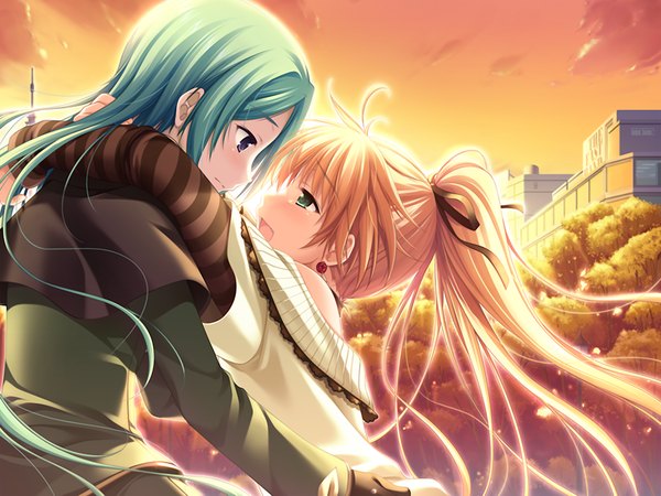 Anime picture 1024x768 with w. l. o. sekai ren'ai kikou arisa crain femiluna long hair open mouth blonde hair multiple girls green eyes game cg green hair girl 2 girls