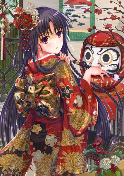 Anime picture 849x1200 with youkoso jitsuryoku shijou shugi no kyoushitsu e horikita suzune hoshimaemi single long hair tall image blush fringe open mouth black hair red eyes standing braid (braids) traditional clothes japanese clothes looking back hair flower from behind wide sleeves floral print