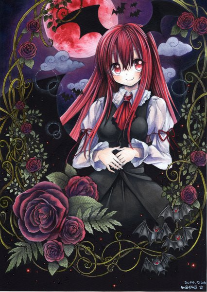 Anime picture 1064x1500 with touhou koakuma mosho single long hair tall image looking at viewer blush smile red eyes signed red hair night bat wings head wings traditional media watercolor (medium) red moon girl flower (flowers)