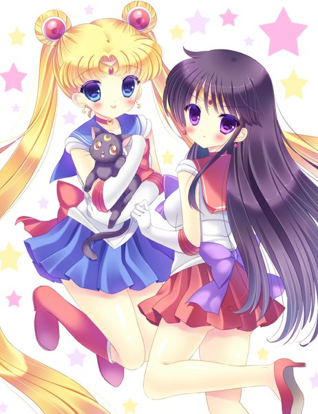 Anime picture 800x1039 with bishoujo senshi sailor moon toei animation tsukino usagi sailor moon hino rei sailor mars kouta. long hair tall image looking at viewer blush blue eyes black hair blonde hair purple eyes twintails multiple girls very long hair hair bun (hair buns) girl