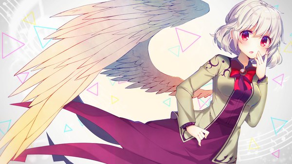 Anime picture 1920x1080 with touhou kishin sagume koto seori single blush fringe highres short hair open mouth hair between eyes red eyes wide image white hair :o hand to mouth single wing girl dress wings purple dress