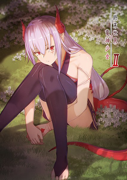 Anime picture 627x886 with original melusine (ibuki notsu) ibuki notsu single long hair tall image looking at viewer fringe light erotic hair between eyes red eyes sitting bare shoulders payot silver hair tail horn (horns) pointy ears shadow tattoo
