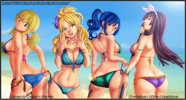 Anime picture 1280x691 with fairy tail lucy heartfilia juvia lockser mikazuchi kagura jenny realight diabolumberto long hair blue eyes light erotic blonde hair smile wide image twintails multiple girls brown eyes green eyes blue hair purple hair ponytail looking back