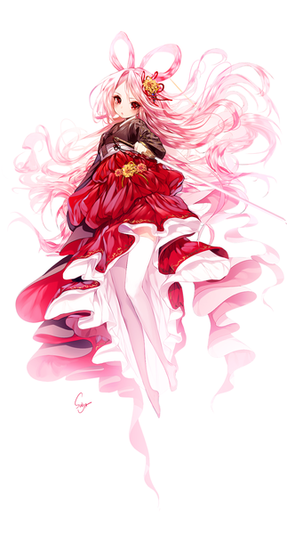 Anime picture 1000x1854 with original sorolp single tall image looking at viewer blush open mouth simple background red eyes holding signed pink hair very long hair hair flower alternate costume no shoes girl thighhighs dress hair ornament