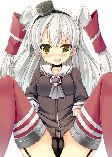 Anime picture 800x1123 with kantai collection amatsukaze destroyer mori airi single long hair tall image looking at viewer blush open mouth light erotic simple background white background sitting yellow eyes white hair two side up spread legs embarrassed cameltoe striped