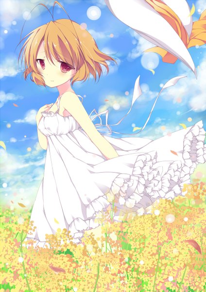 Anime picture 867x1227 with original umino mizu tall image short hair red eyes brown hair sky cloud (clouds) girl dress flower (flowers) hat petals sundress