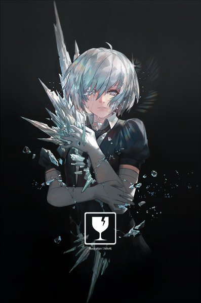 Anime picture 900x1360 with houseki no kuni diamond (houseki no kuni) mivit single tall image looking at viewer short hair simple background signed silver hair upper body puffy sleeves tears black background silver eyes shiny androgynous gloves uniform elbow gloves