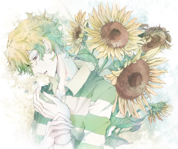 Anime picture 1300x1090 with shiki mutou tohru oh heyso single short hair open mouth blonde hair red eyes tears striped crying boy flower (flowers) sunflower