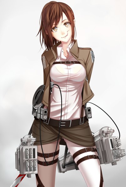 Anime picture 1000x1488 with shingeki no kyojin production i.g sasha blouse koyaya (sorano) single long hair tall image looking at viewer blush smile brown hair brown eyes ponytail head tilt open clothes open jacket hands behind back licking girl weapon