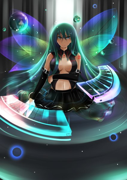 Anime picture 2480x3507 with vocaloid hatsune miku catstudioinc (punepuni) long hair tall image highres blue eyes green hair girl navel detached sleeves wings bubble (bubbles) musical instrument piano