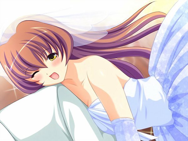 Anime picture 1024x768 with ane no iinari nakase mio long hair blush open mouth brown hair yellow eyes game cg girl dress wedding dress