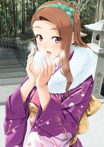 Anime picture 827x1169 with idolmaster minase iori miri (ago550421) single long hair tall image blush open mouth red eyes brown hair traditional clothes japanese clothes exhalation girl plant (plants) tree (trees) hairband kimono fur-trimmed kimono