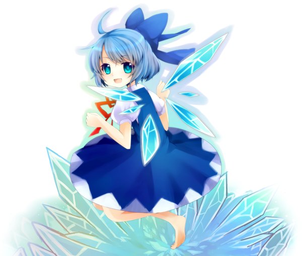 Anime picture 3300x2800 with touhou cirno ruhika single looking at viewer highres short hair open mouth blue eyes white background blue hair absurdres ahoge looking back girl dress bow hair bow wings ice