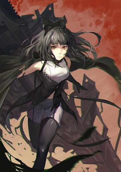 Anime picture 750x1061 with rwby rooster teeth blake belladonna cancer (zjcconan) single long hair tall image looking at viewer black hair bare shoulders brown eyes girl thighhighs gloves bow black thighhighs hair bow shorts white shorts