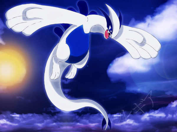 Anime picture 1280x960 with pokemon nintendo lugia open mouth blue eyes sky cloud (clouds) teeth fang (fangs) gen 2 pokemon animal sun pokemon (creature)