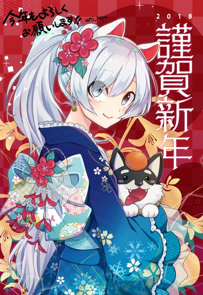 Anime picture 1461x2122 with rwby rooster teeth weiss schnee zwei (rwby) maguro (guromaguro) long hair tall image looking at viewer fringe blue eyes smile hair between eyes signed animal ears payot silver hair ponytail traditional clothes japanese clothes looking back