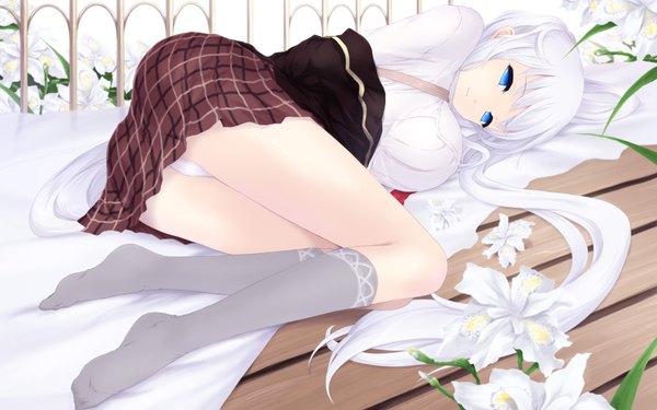 Anime picture 1680x1050 with mabinogi nao (mabinogi) cait long hair blue eyes light erotic wide image ass white hair lying pantyshot girl flower (flowers) socks knee socks