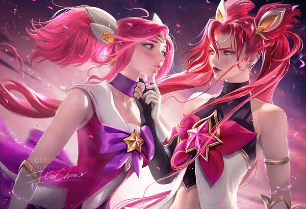 Anime picture 1000x684 with league of legends jinx (league of legends) lux (league of legends) star guardian lux star guardian jinx sakimichan blush fringe hair between eyes purple eyes twintails multiple girls signed payot looking away pink hair upper body red hair realistic bare belly