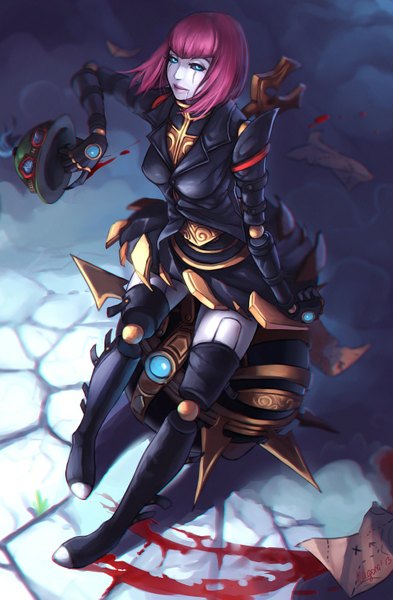 Anime picture 1000x1524 with league of legends orianna (league of legends) ragora57 (artist) single tall image looking at viewer short hair blue eyes sitting pink hair wind girl weapon hat blood robot