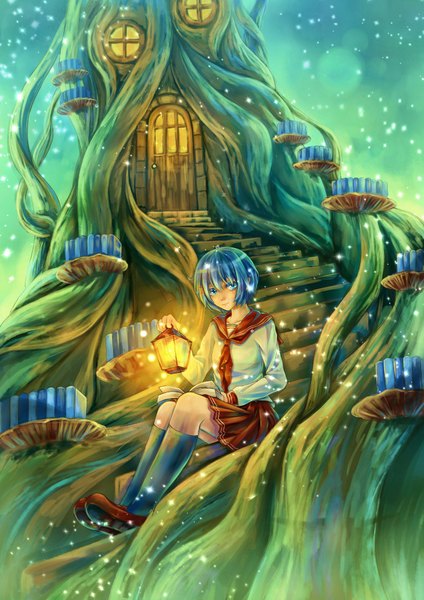 Anime picture 1447x2046 with original daphne zhang single tall image looking at viewer fringe short hair blue eyes smile sitting holding blue hair long sleeves sparkle glowing reading girl skirt uniform hair ornament
