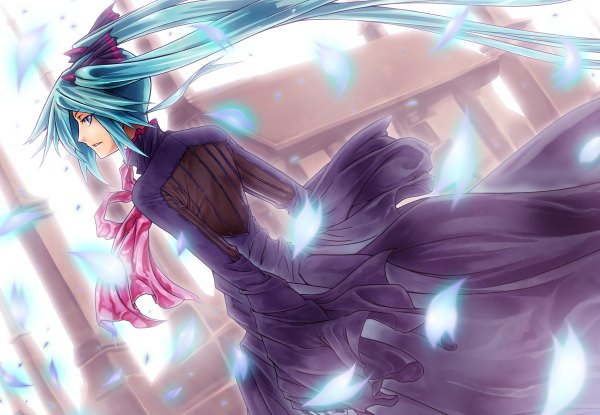 Anime picture 1200x830 with vocaloid hatsune miku single long hair blue eyes twintails looking back green hair girl petals neckerchief