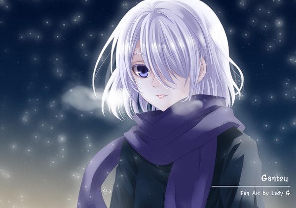Anime picture 2480x1748 with original ladygreantep single looking at viewer fringe highres short hair blue eyes white hair hair over one eye snowing dark background exhalation girl scarf