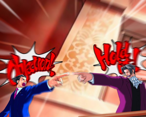 Anime picture 1280x1024 with ace attorney phoenix wright miles edgeworth pointing