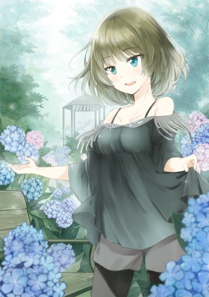 Anime picture 707x1000 with idolmaster idolmaster cinderella girls takagaki kaede miyabi akino single tall image fringe short hair open mouth brown hair bare shoulders looking away aqua eyes spread arms girl flower (flowers) pantyhose shorts hydrangea