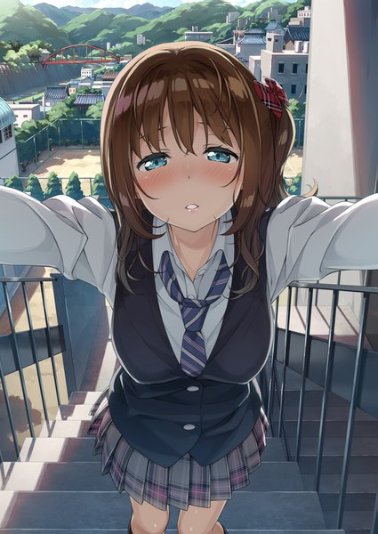 Anime picture 1075x1518 with original kantoku single long hair tall image looking at viewer blush fringe breasts blue eyes hair between eyes brown hair standing outdoors parted lips pleated skirt lips shadow city side ponytail