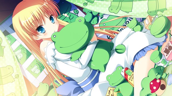 Anime picture 1280x720 with princess-style orfina von rubens yuyi single long hair looking at viewer blush blue eyes blonde hair wide image game cg girl dress toy stuffed animal frog
