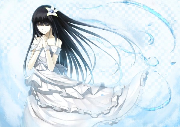 Anime picture 3507x2480 with original kauto single long hair highres black hair bare shoulders absurdres eyes closed girl dress