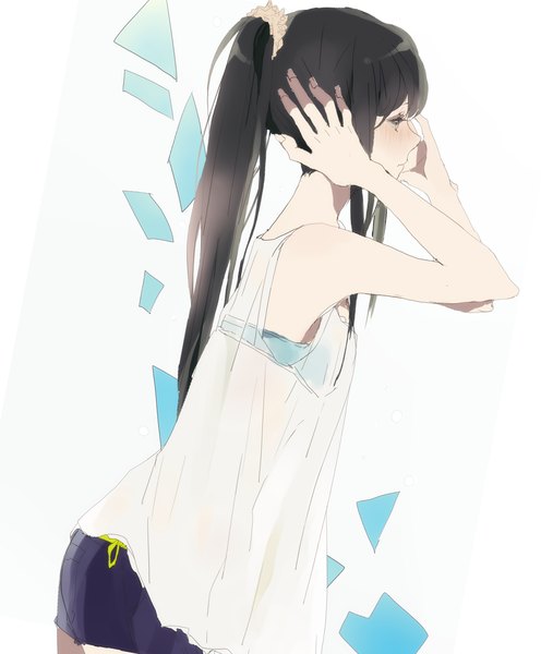 Anime picture 1100x1300 with original komachi (artist) single long hair tall image fringe black hair white background ponytail profile tears crying girl