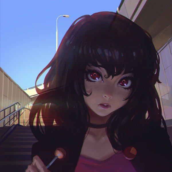 Anime picture 900x900 with ilya kuvshinov single fringe short hair black hair red eyes holding looking away sky outdoors parted lips lips looking up girl food sweets candy lollipop