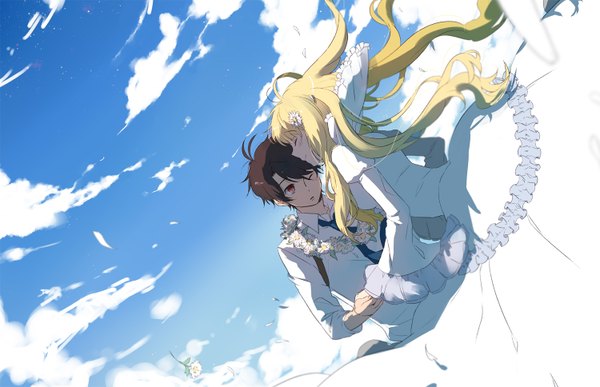 Anime picture 1500x968 with aldnoah.zero a-1 pictures asseylum vers allusia kaizuka inaho ita long hair blonde hair brown hair brown eyes sky cloud (clouds) ahoge outdoors parted lips profile one eye closed wind wide sleeves holding hands happy
