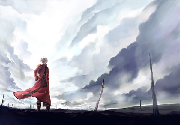 Anime picture 1280x890 with falcom (studio) yoeah (artist) single sky cloud (clouds) white hair from behind hand on hip field boy boots coat
