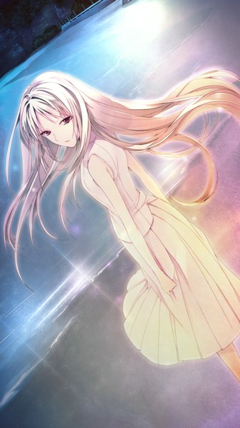 Anime picture 2048x3641 with negai no kakera to hakugin no agreement manyako (mohumohu) single long hair tall image highres red eyes game cg white hair looking back night girl dress water