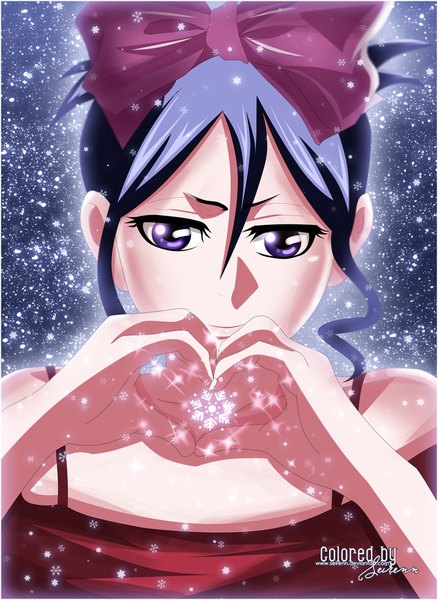 Anime picture 1024x1402 with bleach studio pierrot kuchiki rukia seirenn single tall image short hair smile purple eyes bare shoulders purple hair sparkle coloring snowing heart hands girl dress bow hair bow heart