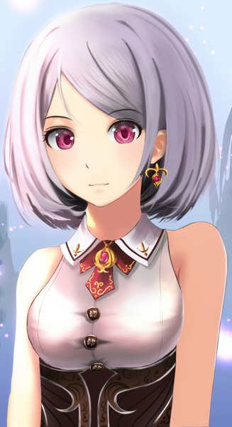 Anime picture 580x1061 with original benezia single tall image looking at viewer short hair purple eyes bare shoulders silver hair girl dress earrings