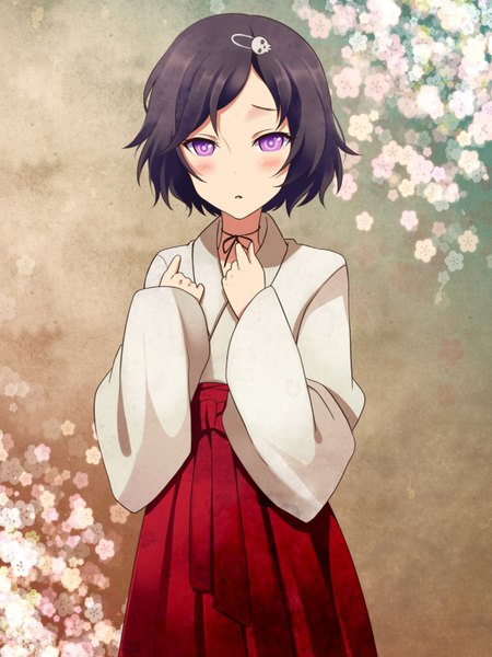 Anime picture 1280x1707 with steins;gate white fox urushibara ruka kyu (sawsusg) single tall image blush short hair open mouth black hair purple eyes japanese clothes miko otoko no ko androgynous crossdress boy hair ornament flower (flowers) hairclip