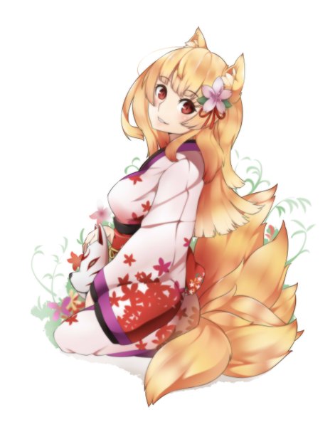 Anime picture 2125x2705 with original chenang11 single long hair tall image looking at viewer highres blonde hair red eyes white background animal ears tail traditional clothes japanese clothes animal tail fox ears fox tail fox girl multiple tails girl