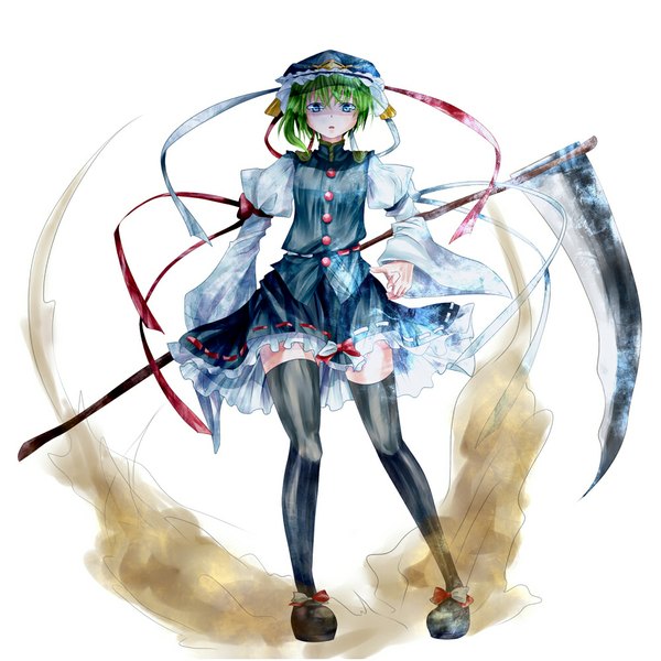 Anime picture 1000x1000 with touhou shikieiki yamaxanadu momose momo single looking at viewer short hair blue eyes white background green hair girl thighhighs dress bow ribbon (ribbons) black thighhighs hat scythe