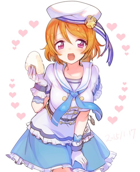 Anime picture 1043x1280 with love live! school idol project sunrise (studio) love live! koizumi hanayo konbu wakame single tall image looking at viewer blush short hair open mouth white background purple eyes orange hair 2015 girl gloves food white gloves beret
