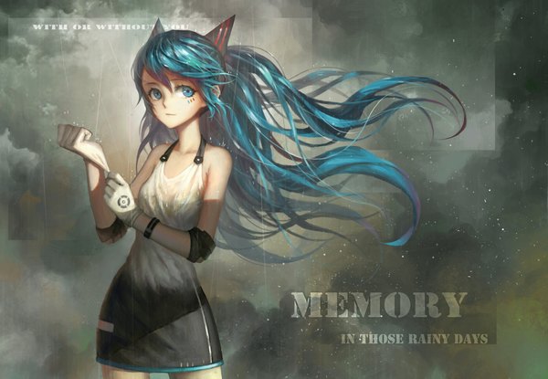 Anime picture 2191x1517 with vocaloid hatsune miku lu ying single long hair looking at viewer highres blue eyes blue hair cloud (clouds) wind inscription sleeveless text rain english face paint girl dress gloves